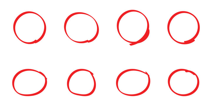 Red hand drawn doodle circle on isolated white background. 8 different shapes circle icon on white background. Isolated red line circle set. Vector isolated doodle icon set. EPS 10. 