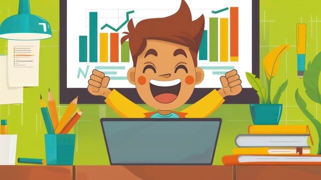 A happy boy with arms raised in victory, sitting at a desk with a laptop and a chart behind him. - Powered by Adobe