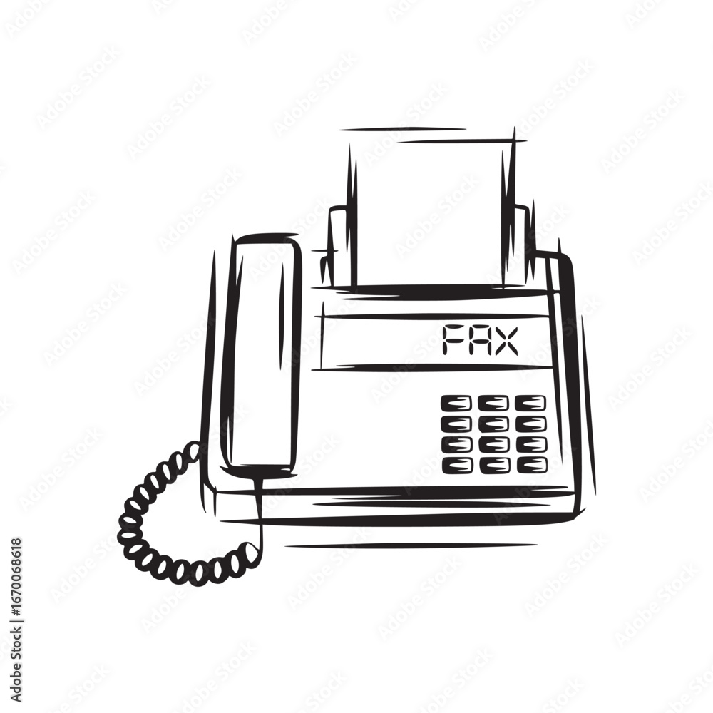 Aufkleber a black and white sketch of a fax machine with a phone attached to the left side and buttons on the 