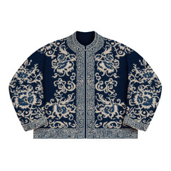 zhuang embroidery detail on blue indigo jacket, vector pattern on flat neutral background