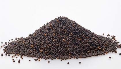 Naklejka premium a heap of whole black mustard seeds with their tiny round shape scattered on a white background