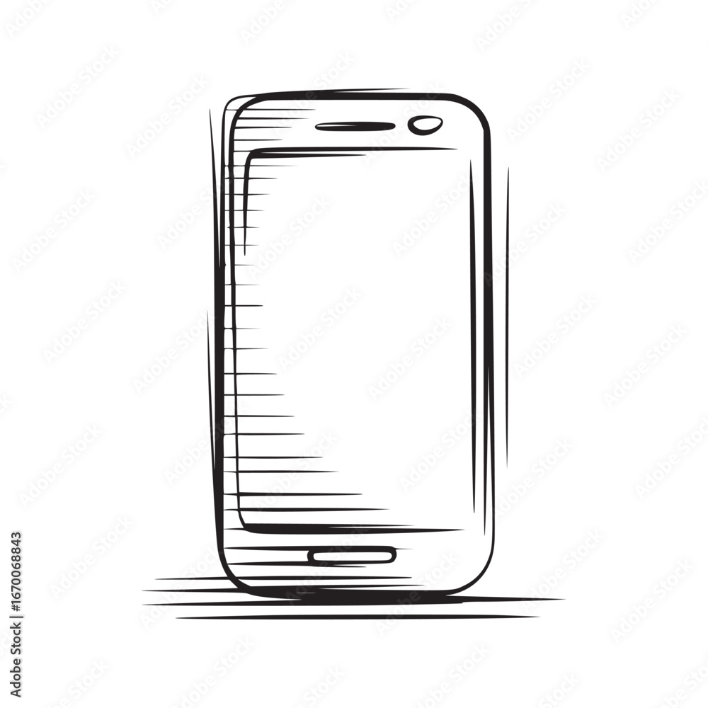 Poster a simple sketch of a modern smartphone with a blank screen and minimalist design on white background