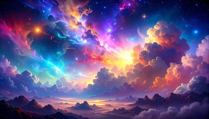 Naklejka premium Space inspired wallpaper with colorful galaxy clouds and glowing stars