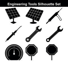 Engineering Tools Silhouette Vector Set Including Solar Panels Wrenches and Meter with Clean Black and White Design