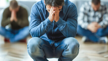 Man in blue denim crouching with hands on face, expressing deep emotions in a supportive group setting