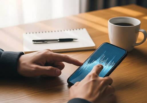 Close-up of hands examining financial data on a smartphone display.