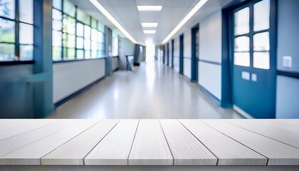 Fototapeta premium empty white table in blurred hospital hallway