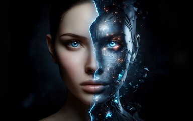 Half human, half AI face in cracked mirror, dark futuristic art