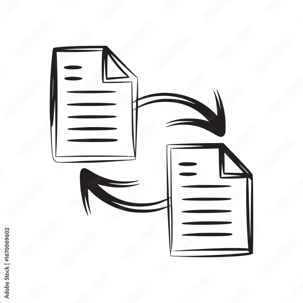 Aufkleber two document icons with lines and folded corners connected by curved arrows in a circular motion