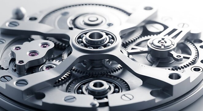 A detailed close-up view of a meticulously crafted watch movement, showcasing intricate gears, bearings, and components.