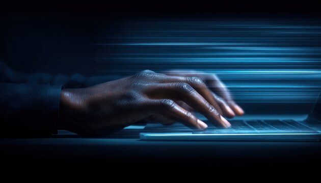 Typing hands, motion blurred light streaks