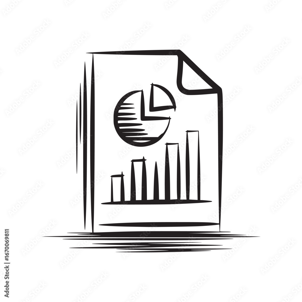 Poster a stylized sketch of a document with a pie chart and bar graph in black and white illustration style