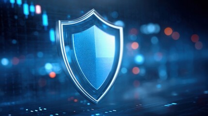 Cybersecurity Trends in Fintech. A digital shield symbolizing cybersecurity, set against a futuristic backdrop with abstract data elements.