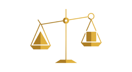 Minimal flat abstract illustration featuring golden balance scale symbolizing fairness, equality, and justice. Perfect for corporate and legal use.