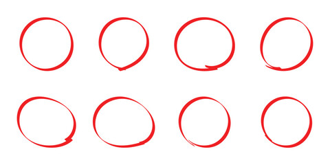 Red hand drawn doodle circle on isolated white background. 8 different shapes circle icon on white background. Isolated red line circle set. Vector isolated doodle icon set. EPS 10. 