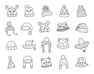 Headwear set in outline line art wearing different hats for seasonal holidays, celebrations, casual outings, and cozy hand made winter fashion projects with animal themed designs