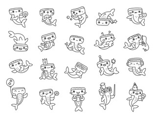 Fototapeta premium Hammerhead shark character set in outline line art showing charming underwater moments with accessories, food, beverage, gift, and adorable marine activities for creative illustration projects