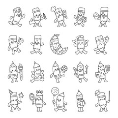 Pencil character set in outline line art showing different emotions while holding various objects and performing activities like studying. cooking reading celebrating, learning, drawing
