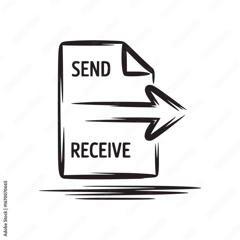 Poster a stylized document with send and receive text and an arrow pointing right in black and white art