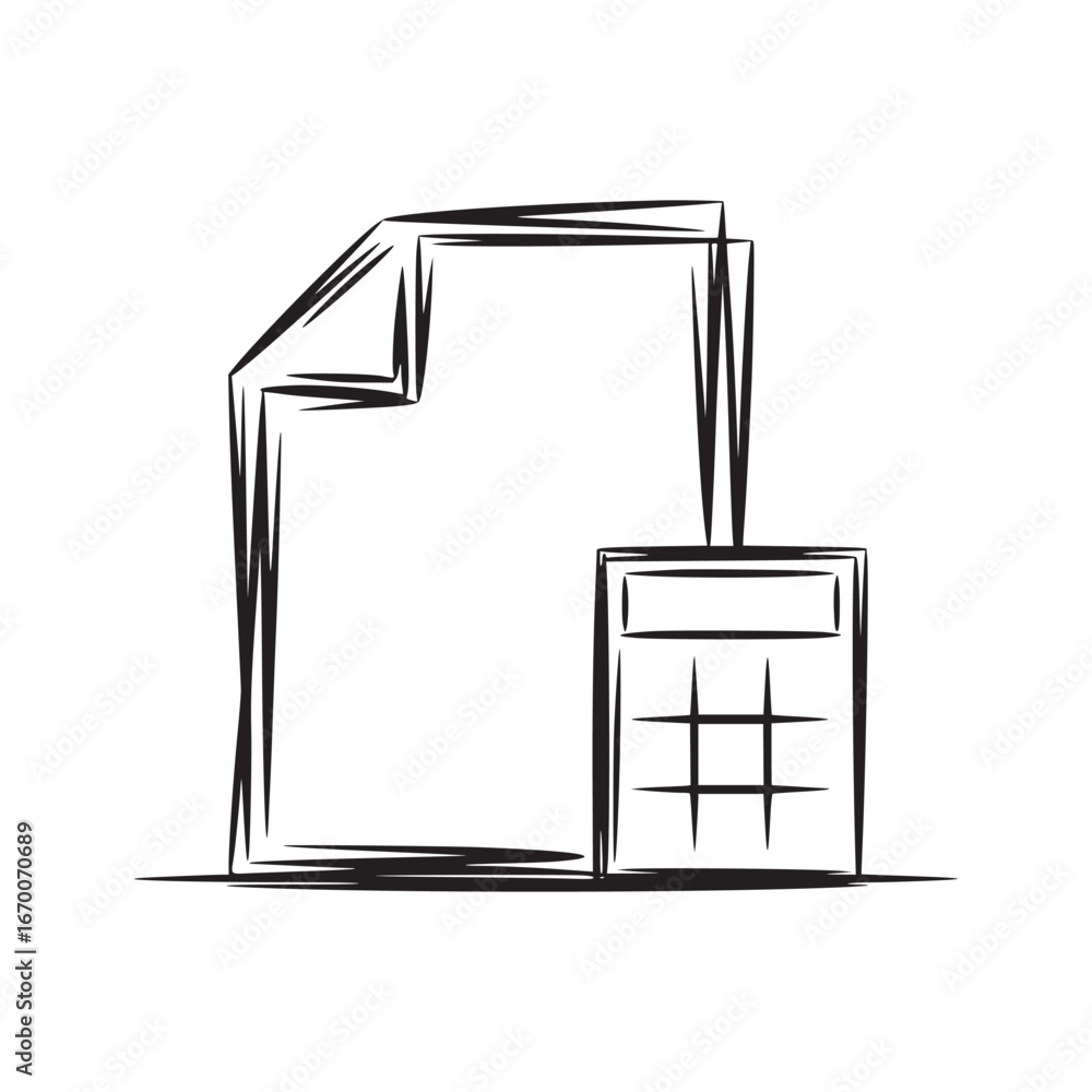 Aufkleber a sketch of a document file icon next to a calculator icon in black lines on a white background