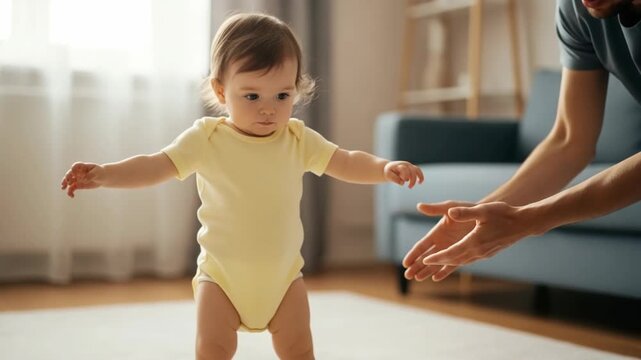First steps as toddler with supportive parent at home. First steps are exciting for little child in yellow onesie, learning to walk with arms outstretched, encouraged by adult.