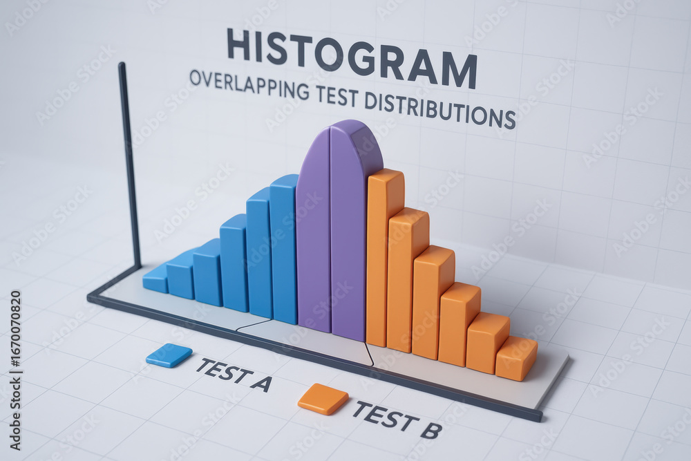 Poster histogram test result comparison in industry with overlapping test distributions, blue and orange ba