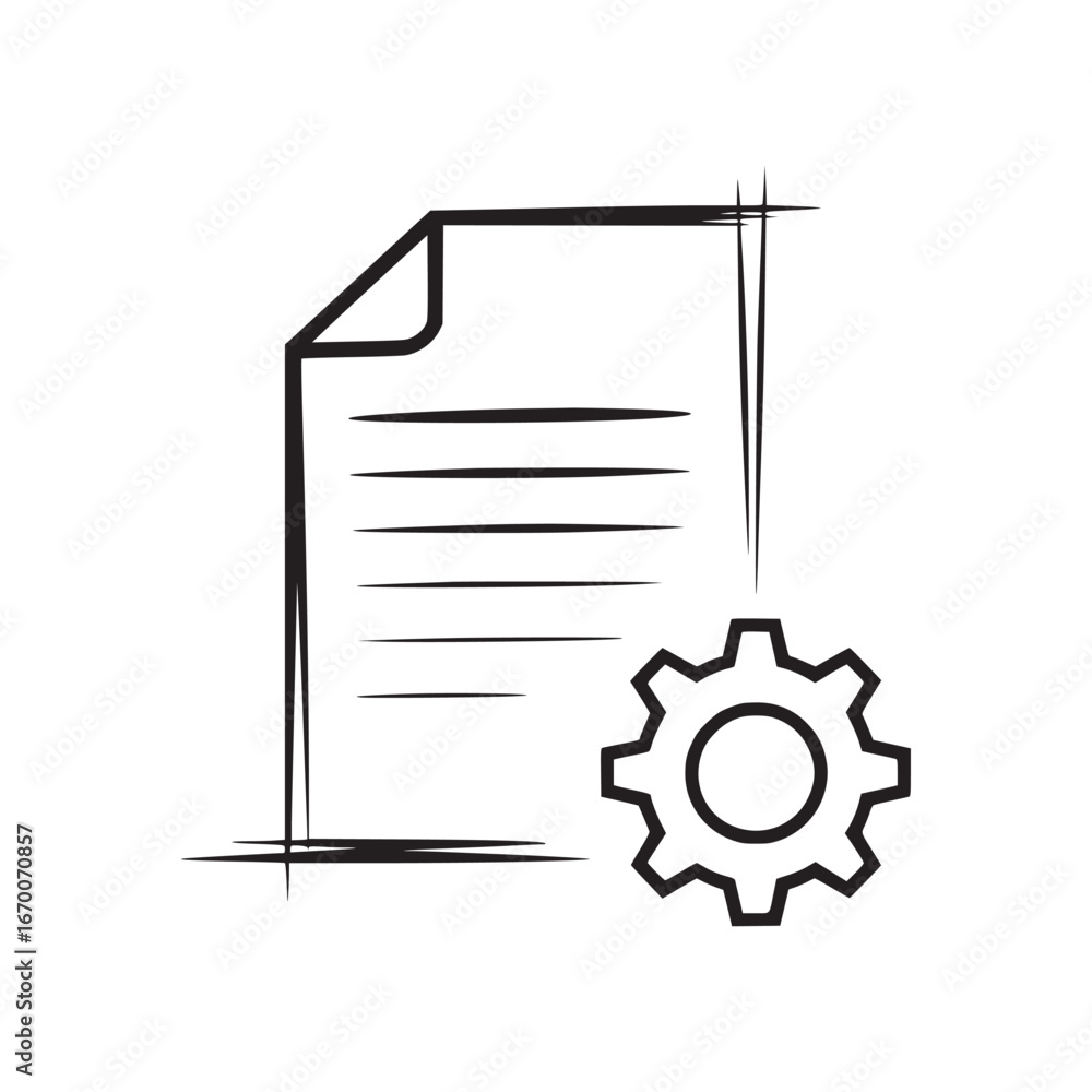 Poster a sketch icon of a document with text lines and a gear wheel on a white isolated background view
