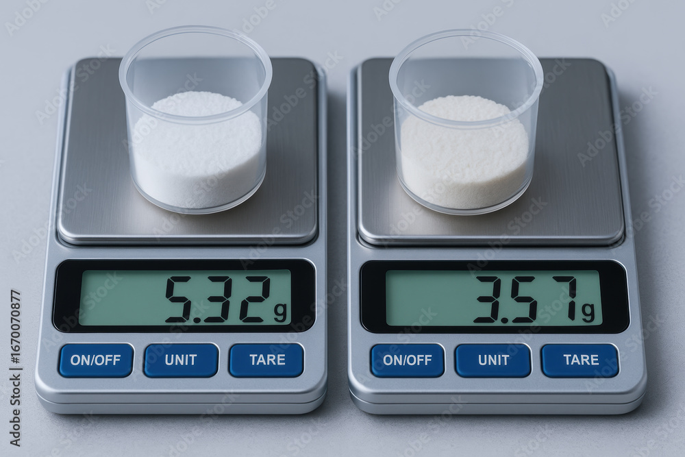 Aufkleber test result comparison industry two digital scales display different powder weights for test result 