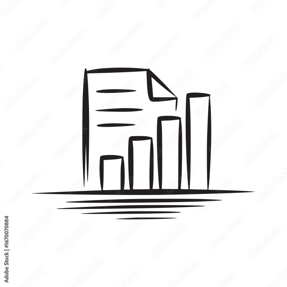 Poster a simple black and white drawing of a document next to a bar graph on a white background space