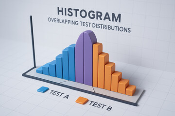 Histogram test result comparison in industry with overlapping test distributions, blue and orange bar graph, 3D render, data analysis