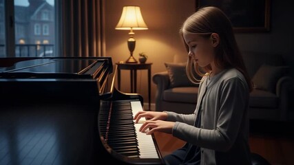 Young girl playing piano during music lesson at home in living room. Playing piano brings joy as she practices, showcasing her musical talent and passion for playing piano. - Powered by Adobe