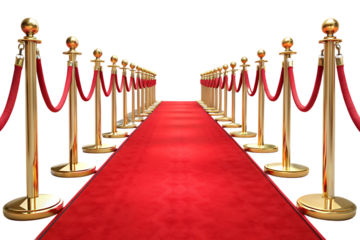 Red Carpet with Golden Stanchions and Velvet Ropes – Isolated on White or Transparent Background, PNG, AI Generated