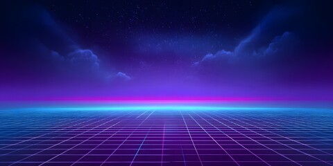 A digital grid background with neon blue and purple lines, creating an otherworldly atmosphere for a retro video game-inspired poster design