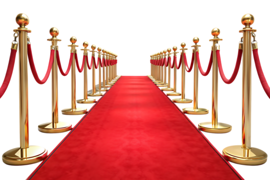 Red Carpet with Golden Stanchions and Velvet Ropes – Isolated on White or Transparent Background, PNG, AI Generated