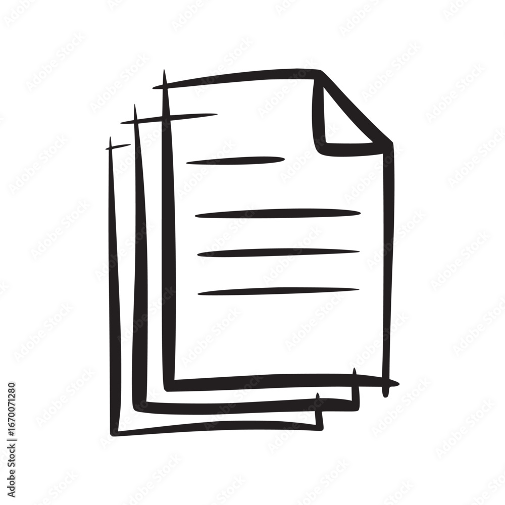 Poster a simple black and white sketch of a stack of papers with lines on them and a folded corner detail