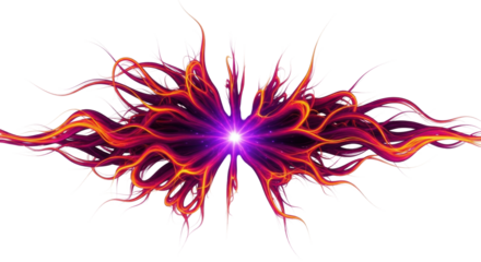 Organic light burst with swirling magenta and orange tendrils and a pulsating violet core, isolated on a transparent background with copy space, concept of powerful cosmic energy