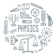 Hand drawn outline science elements poster.  Physics theory doodle elements and formulas in round shape
