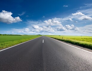 Fototapeta premium an empty asphalt road stretching towards a green field under a bright blue sky with white fluffy clouds