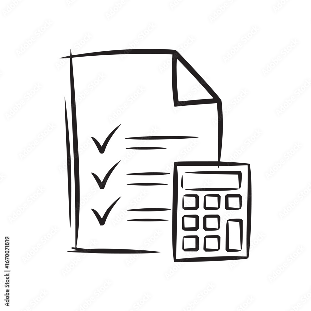 Aufkleber a simple sketch of a checklist document with checkmarks and a calculator next to it in black and whi
