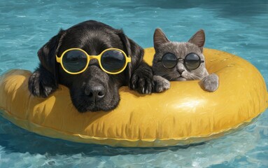 Pets relax in a pool on a sunny day, wearing sunglasses and floating on a yellow inflatable ring