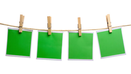 Row of Four Green Chroma Key Polaroid Frames Pinned on Rope with Clothespins – Isolated on White or Transparent Background, PNG, AI Generated