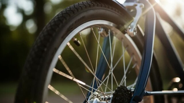 Rear bicycle wheel detail in sunlight, with blurred green backdrop. Bicycle wheel spokes create geometric patterns, a beautiful detail. Conceptual bicycle wheel shot