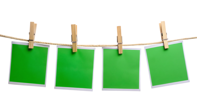 Row of Four Green Chroma Key Polaroid Frames Pinned on Rope with Clothespins – Isolated on White or Transparent Background, PNG, AI Generated