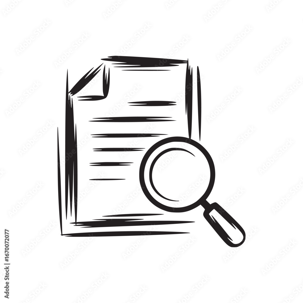 Poster a sketch of a document with lines and a magnifying glass on a white background in black and white