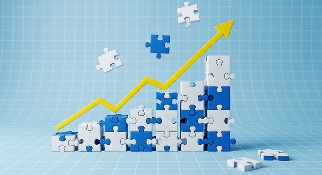 A graphic representation of a rising trend, depicted by stacked puzzle pieces forming a chart, with a bright yellow upward trend line.