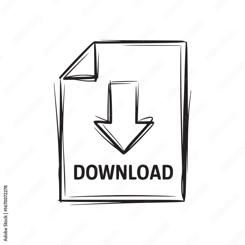 Poster a sketched download icon featuring an arrow pointing downwards on a document with the word download 