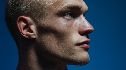 Obraz premium Hyper realistic grainy portrait in cerulean blue studio