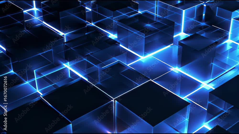 Poster illuminated cubes: a mesmerizing display of glowing blue lines outlining geometric cubes. this digit