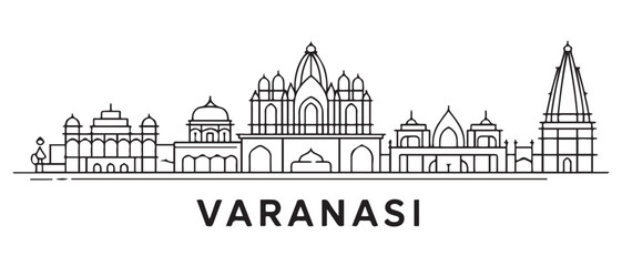 Varanasi India Line Art Skyline Travel Destination. with white background