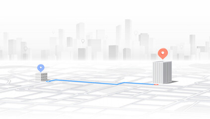 We moved. 3D navigation map with route and location pin. Perspective city map with navigation route to new delivery redirection. Communication about moving relocation announcement. Vector illustration